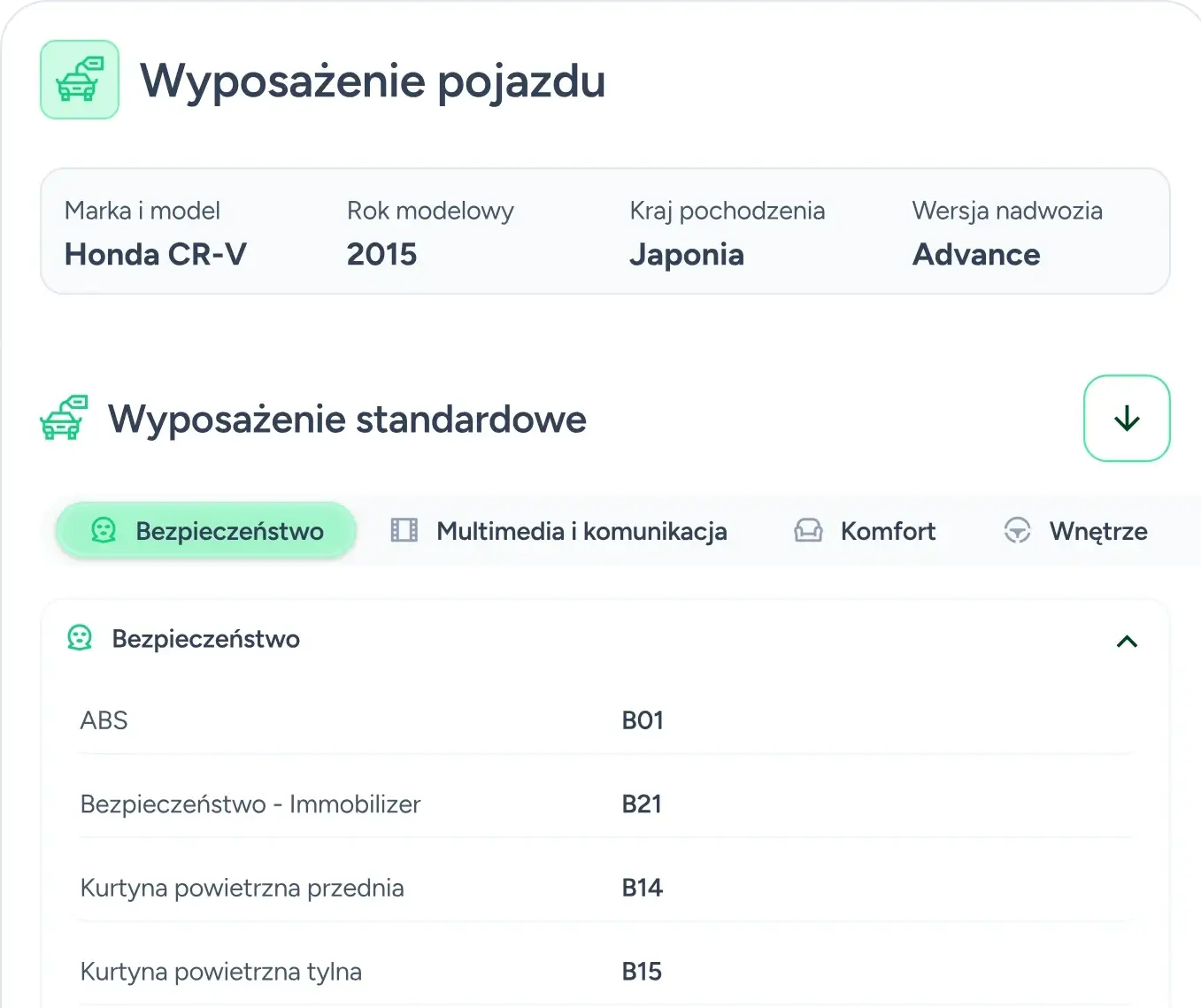 Podgląd wyposażenia pojazdu